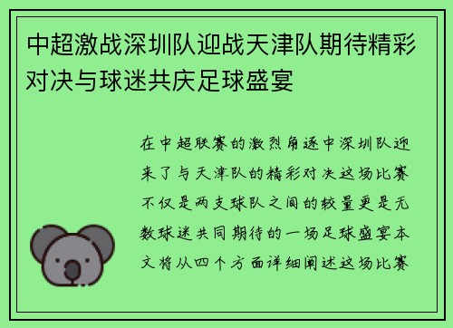 中超激战深圳队迎战天津队期待精彩对决与球迷共庆足球盛宴