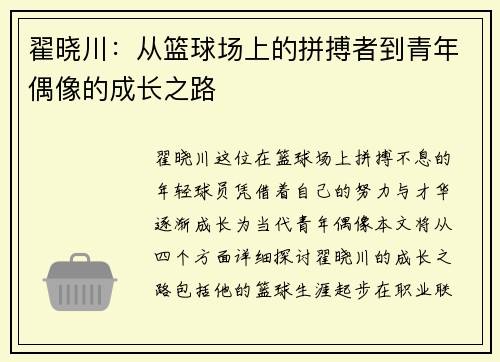翟晓川：从篮球场上的拼搏者到青年偶像的成长之路
