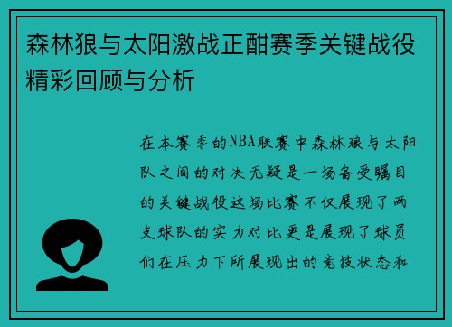 森林狼与太阳激战正酣赛季关键战役精彩回顾与分析