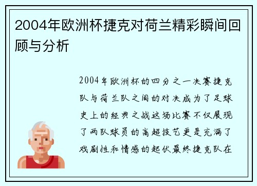 2004年欧洲杯捷克对荷兰精彩瞬间回顾与分析