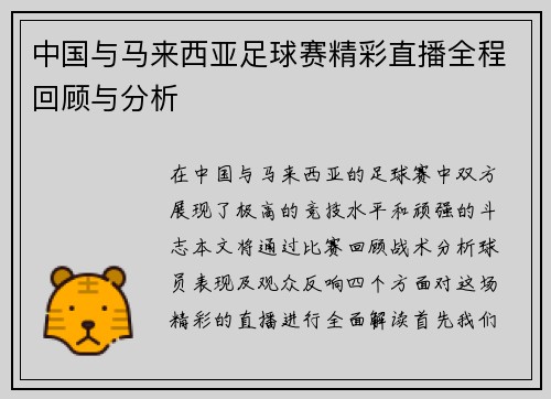 中国与马来西亚足球赛精彩直播全程回顾与分析