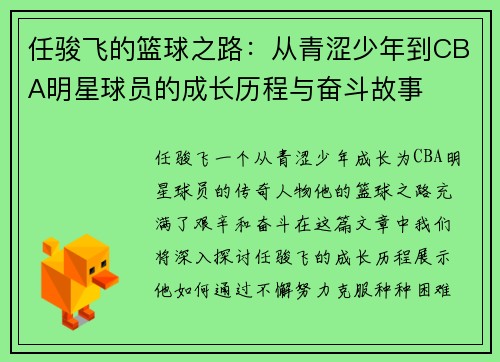 任骏飞的篮球之路：从青涩少年到CBA明星球员的成长历程与奋斗故事