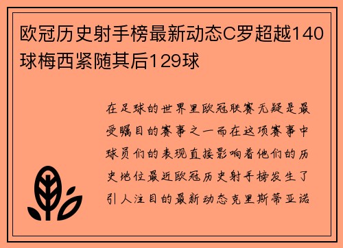 欧冠历史射手榜最新动态C罗超越140球梅西紧随其后129球